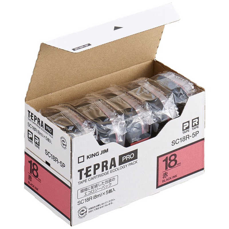 キングジム　カラーラベル(パステル)テープ エコパック 5個パック TEPRA(テプラ) PROシリーズ 赤 [黒文字/18mm幅]　SC18R‐5P (赤)