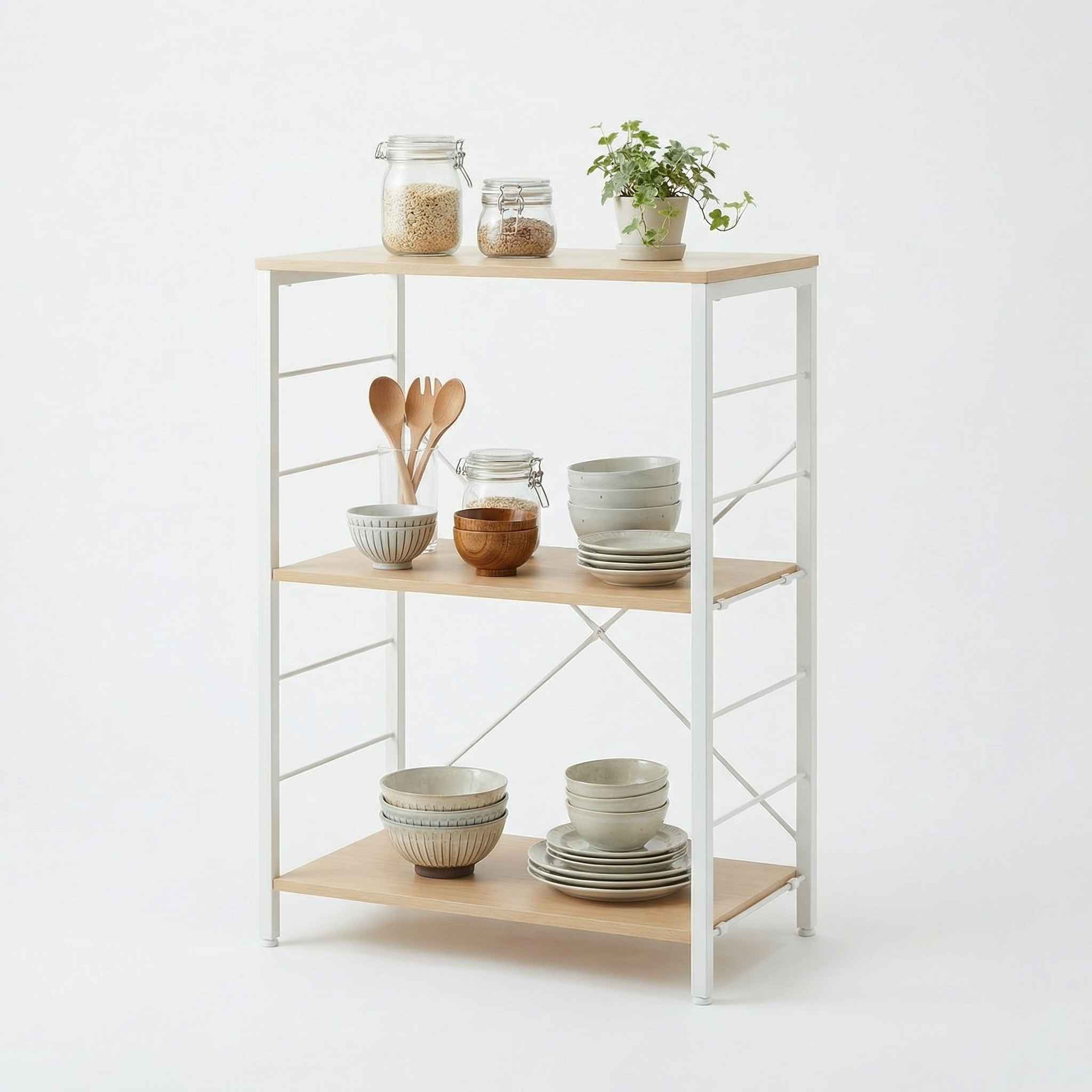 3段オープンラック キッチンラック シェルフ ラック棚ホワイト スチール フレームMDF 棚板調節可能強化鉄筋付きキッチン リビング 収納コンパクト オープン シェルビング ユニット