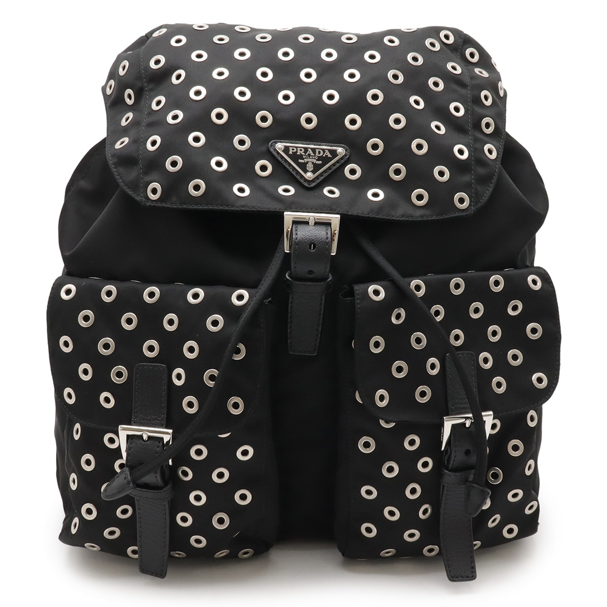 グロメット トライアングルロゴ バックパック リュックサック パンチング ナイロン レザー NERO 黒 ブラック シルバー金具 1BZ81