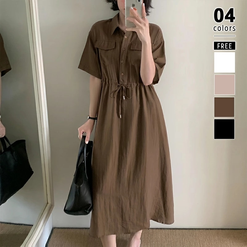 シャツワンピース リネン混 ワンピース 半袖 レディース リネン混ワンピース ロング ミモレ ロングワンピース きれいめ カジュアル ドロスト ウエストマーク