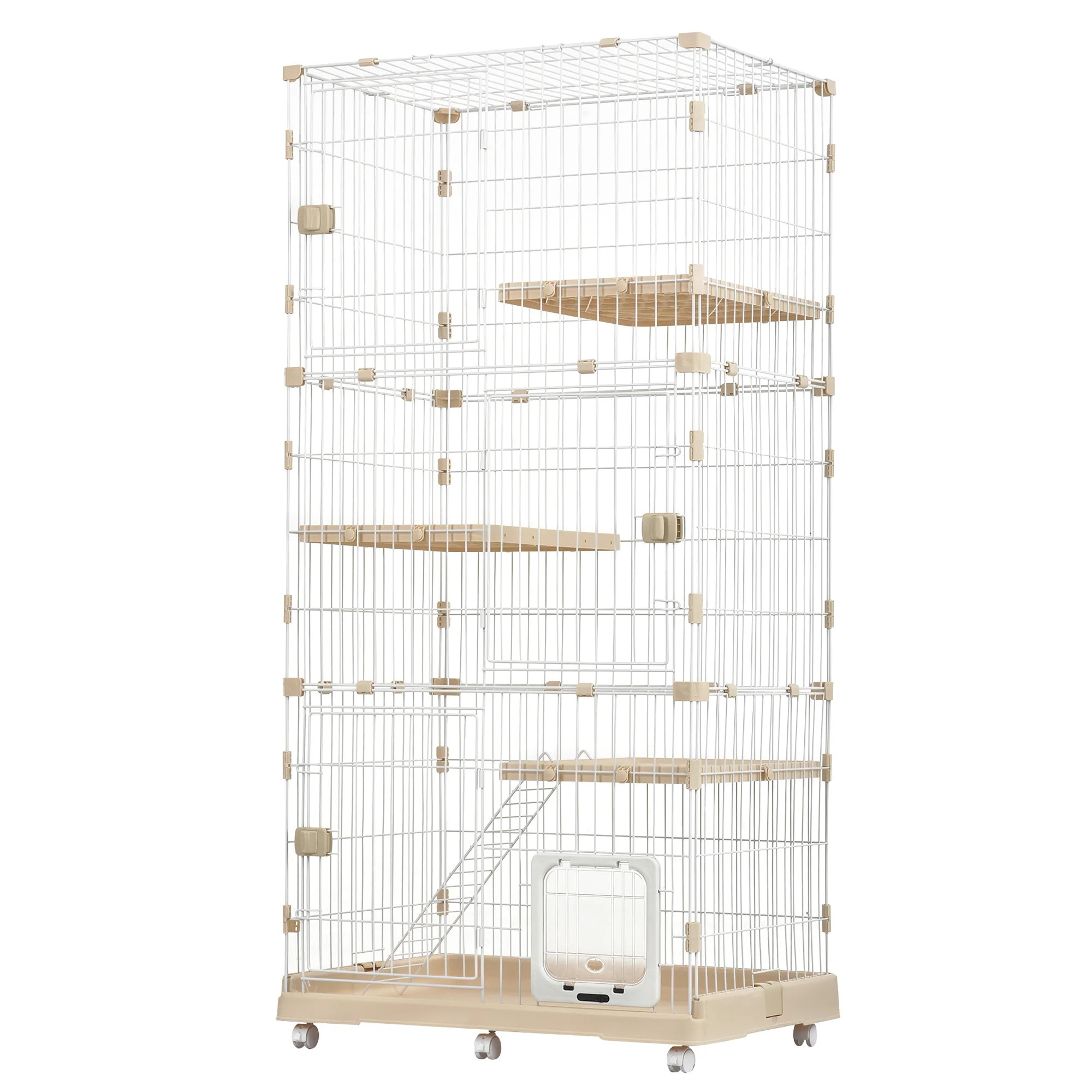 1452猫 ケージ 収納型 キャットケージ 3段 1段2段可能 キャスター付 キャットハウス 【ベージュ】
