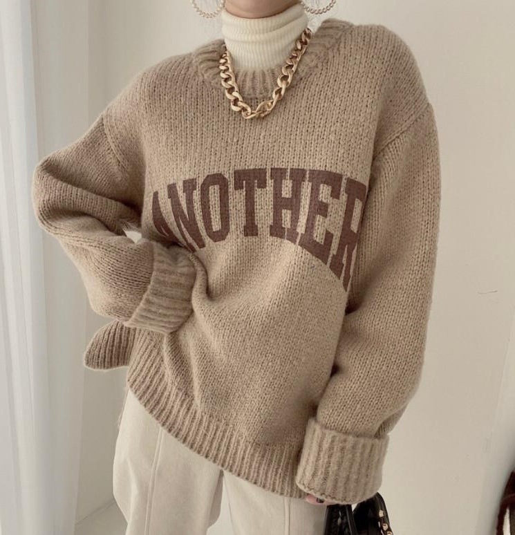 セーター プリントセーター ミディアム丈 長袖 萌袖 ラウンドネック サイドスリット 韓国 レディース オルチャン 可愛い かわいい 大人可愛い シンプル カジュアル 大人 おしゃれ お洒落