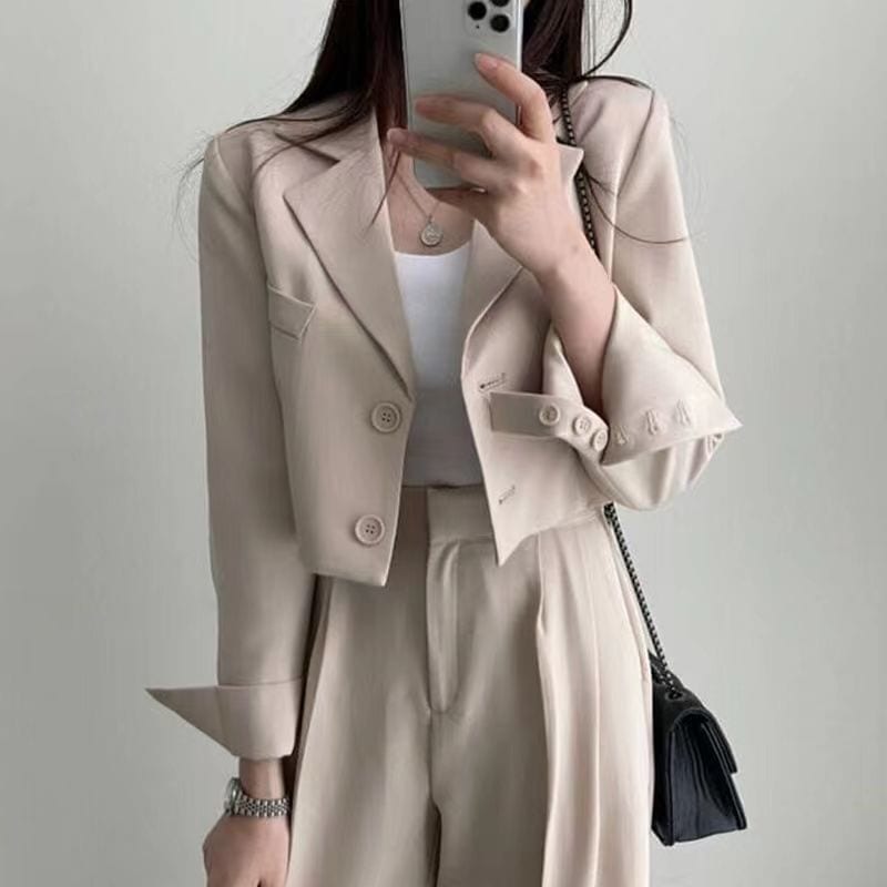 セットアップ パンツスーツ ジャケット ショートジャケット ワイドパンツ ツーピース 2ピース 黒 韓国 レディース ショート丈 ショート丈ジャケット 2ボタン パンツ ドレープパンツ