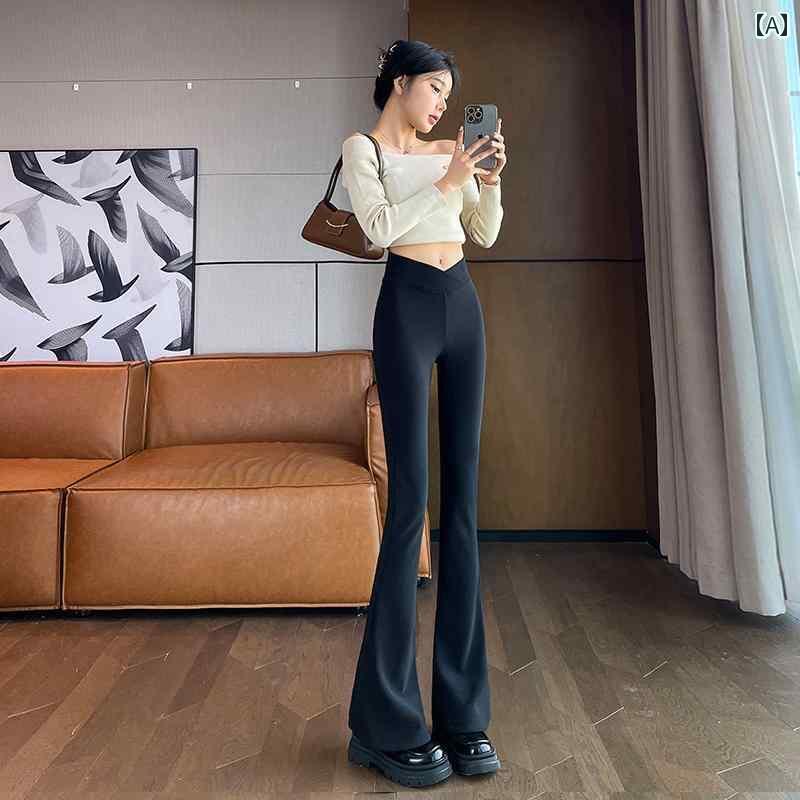 レディース カジュアル パンツ 秋冬 黒 マイクロフレア ハイウエスト 伸縮性 タイトフィット スリム 馬 蹄 小柄 フロア レングス