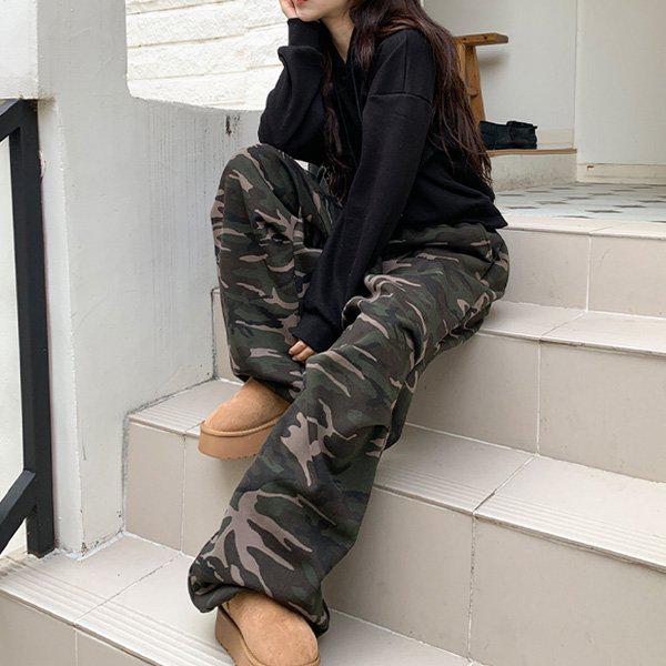 Hスタイル(BM)裏起毛CPカモワイドストリングパンツ 冬 女性 裏起毛 バンディングパンツ ワイドパンツ ストレートパンツ スラックス