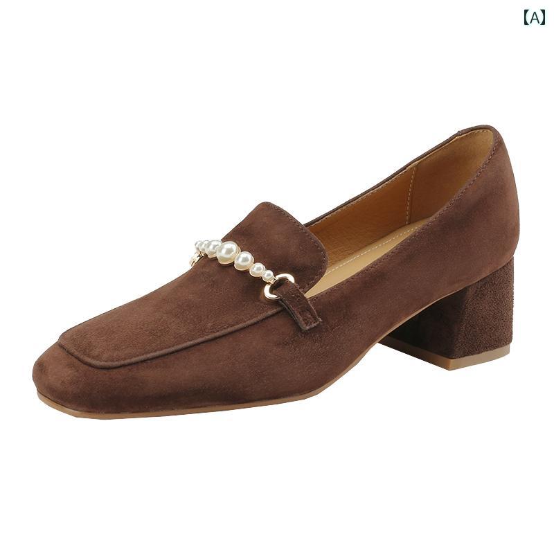 ローファー レディース オフィス 通勤 仕事 レトロ ヌバックレザー 厚手 ヒール シングル シューズ 女性 春 革 パール スクエアトゥ スリッポン 大きいサイズ