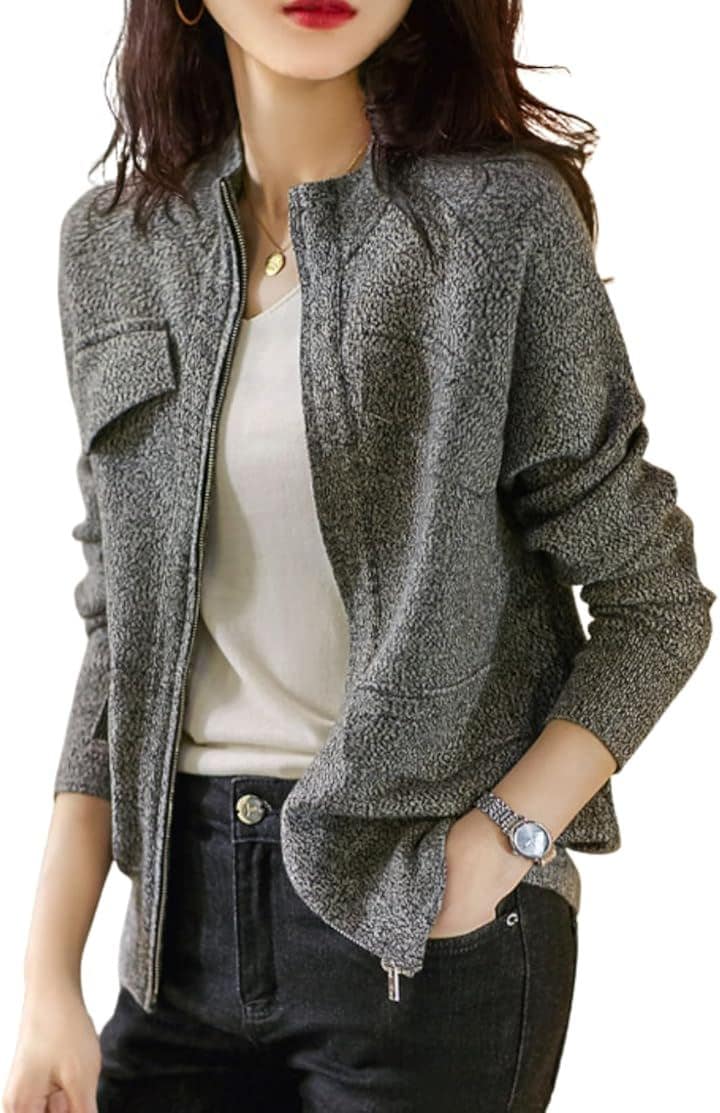 ニット ブルゾン レディース ライト アウター ジップアップ 長袖 セーター ニットアウター きれいめニット 秋 冬 体型カバー OM214 GY( グレー, L)