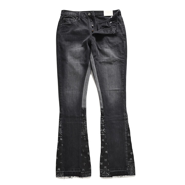 mnml デニム ジーンズ メンズ 春夏秋冬用 黒 ミニマル ジーパン Gパン パンツ スリム 細身 無地 ペイズリー柄 フレアパンツ フレア ブーツカット フレアージンズ