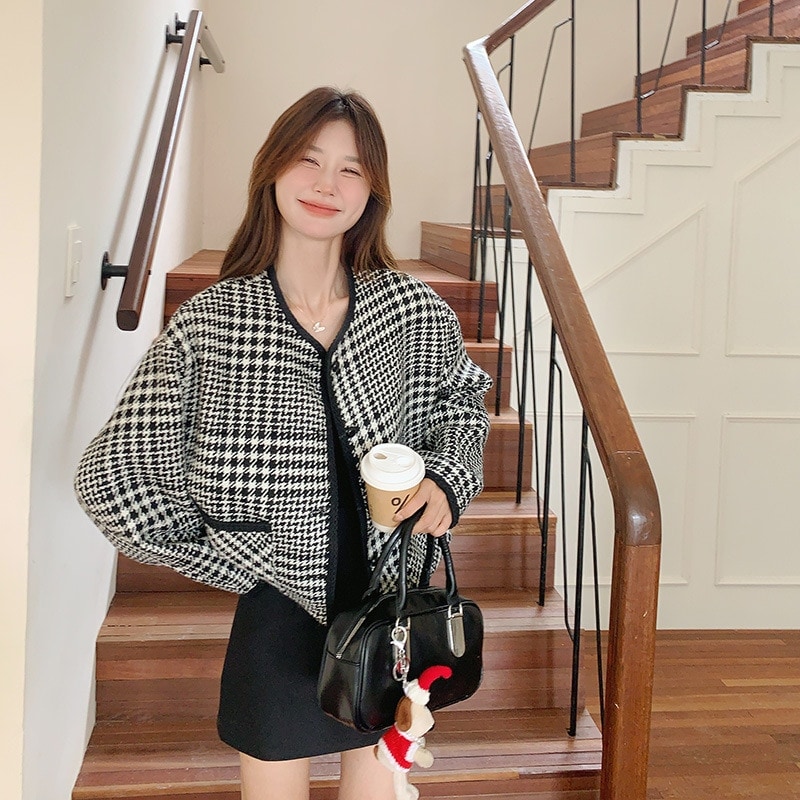 サウザンドバードチェックウールコート2024新しいセレブ気質ルーズ汎用ツイードショートジャケット