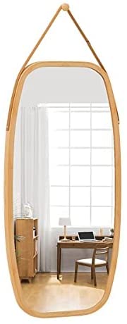 全身鏡 姿見鏡 全身ミラー 鏡 壁掛け 幅44.5高さ100cm ベルト調節可能 竹製 化粧 円型 スリム 飛散防止 おしゃれ ウォールミラー 壁掛け鏡 玄関かがみ/鏡 全身（FHK22-N）