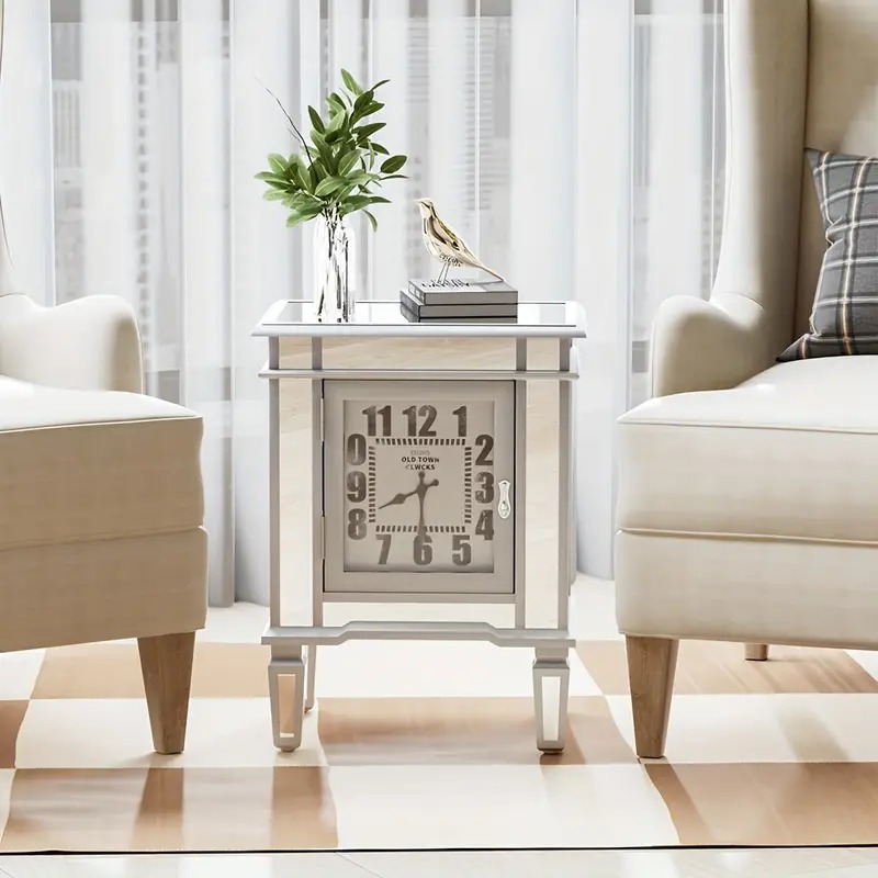 サイドテーブル ミラー 時計付き おしゃれ かわいい インテリア 北欧 スタイリッシュ ナイトテーブル ベッドサイドテーブル シルバー