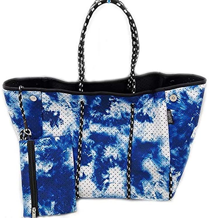 母の日 ポーチ付 ネオプレーントートバッグ マザーズバッグ スポーツバッグ 買い物バッグ エコバッグ スーパー スポーツジム パターン 超大容量 大きめ A4 A3 LL( タイダイ青)