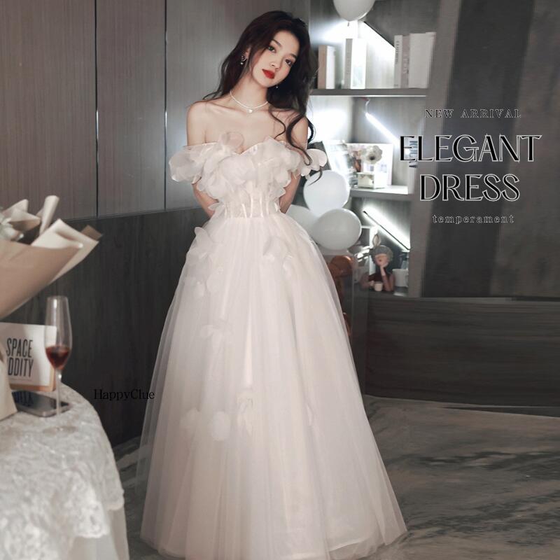 パーティードレス オフショルダー 白 ドレス 成人式 ロングドレス プリンセスライン 結婚式 ドレス レディース 花嫁 ウエディングドレス 二次会 演奏会 ピアノ発表会 ドレス カラードレス フォーマ
