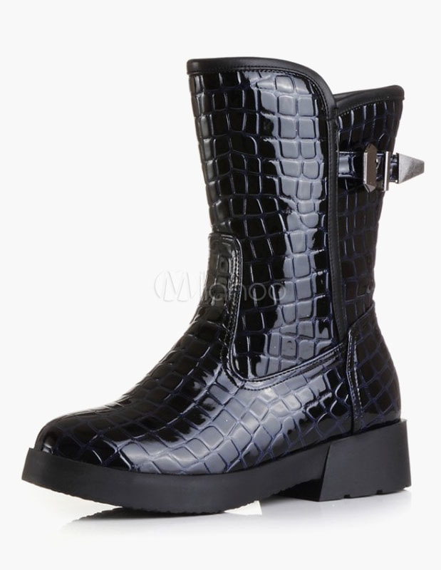 ラウンドトウバックルPUレザー因果フラットブーツ 6,754円