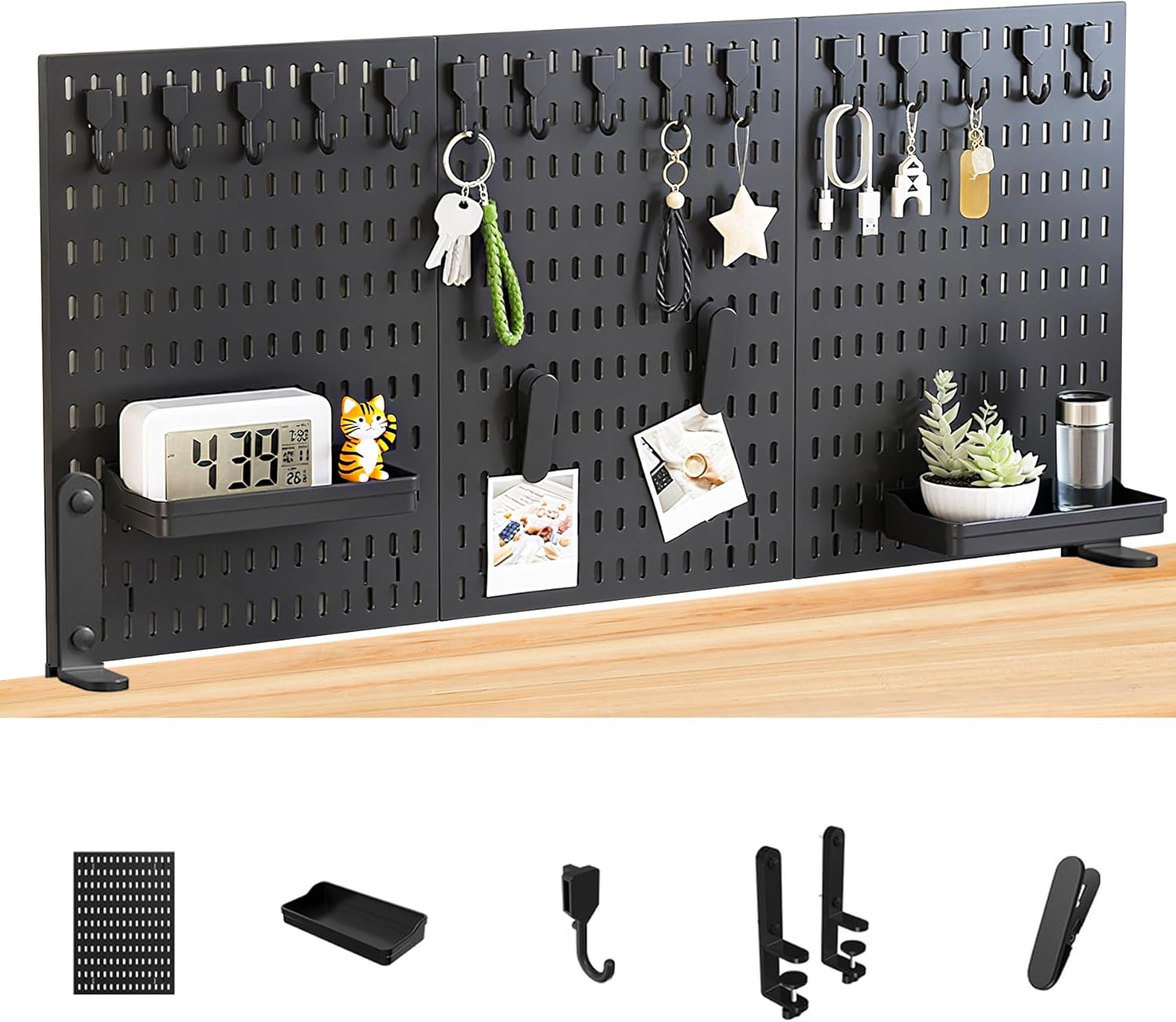 卓上有孔ボード クランプ式 小物収納ラック 黒 40×90cm 金属クリップ プラスチックパネル