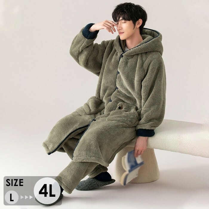 ルームウェア もこもこ バスローブ メンズ 上下セット パジャマ 冬 長袖 ナイトガウン 着る毛布 前開き フード付き 寝巻き 裏起毛 部屋着 暖かい あったか モコモコ ふわふわ 男性用 か