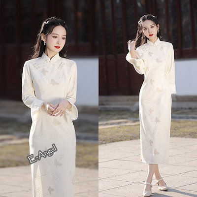 Qoo10] チャイナドレス ロング 白 長袖 フリル : レディース服