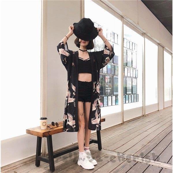 鶴柄カーディガン羽織りロングカーディガンゆったり七分袖和柄和風コーディガン夏涼しい今だけ