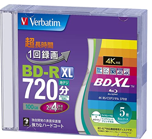 Verbatim バーベイタム 1回録画用 ブルーレイディスク BD-R XL 100GB 5枚 ホワイトプリンタブル 片面3層 2-4倍速 VBR520YP5V2