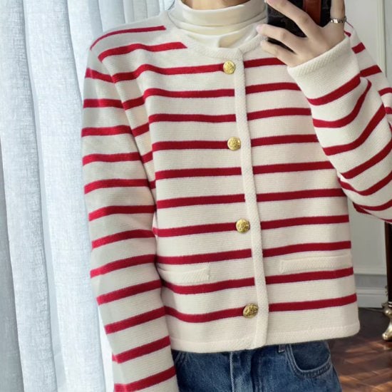 ニットカーディガン レディース カーディガン 羽織 長袖カーディガン ラウンドネック ボーダー 金ボタン ゴールドボタン カジュアル お出かけ おしゃれ バイカラー ライトアウター ニットカーデ 女性