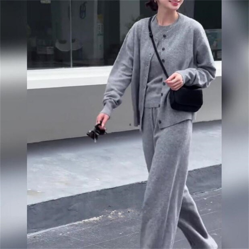 セットアップ ファッションカジュアルスリーピース秋冬クロスボーダーシンプル気質ベストカーディガンワイドレッグパンツニットスーツ女性用