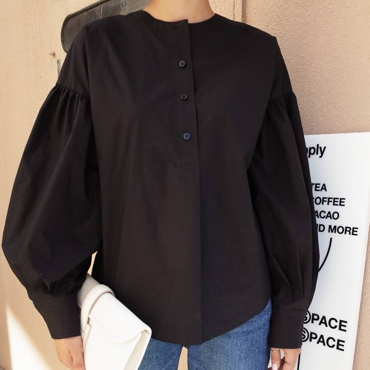 2color トップス ブラウス シャツ クルーネック ラウンドネック 長袖 長そで ボリューム袖