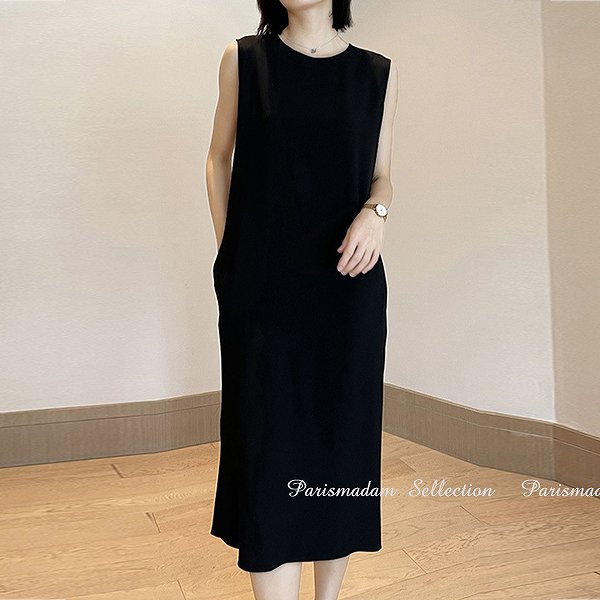 新规入荷続々 高級感ブラックワンピース　ミセスワンピース　ノースリーブ　ひざ下丈　ミモレ丈　定番シンプル　女子会細く見える通勤通学20代30代40代50代60代op-2408-3