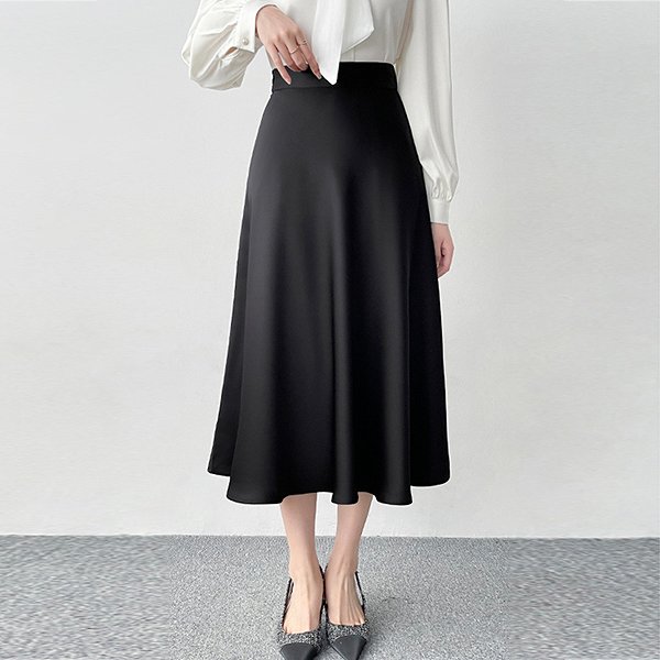 【今季トレンド】ミモレ丈ブラックスカート　ギャザースカート　フレアスカート　シンプル　定番　ひざ下丈　sk-2411-2