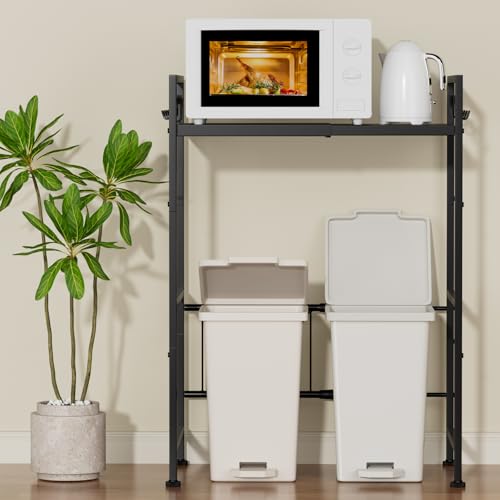 キッチンラック レンジラック 幅36－60cm ゴミ箱上ラック スチール製 伸縮式 冷蔵庫上収納 キッチン多機能収納棚 炊飯器ラック 塵箱上ラック kitchen rack 組み立て式 (黒)