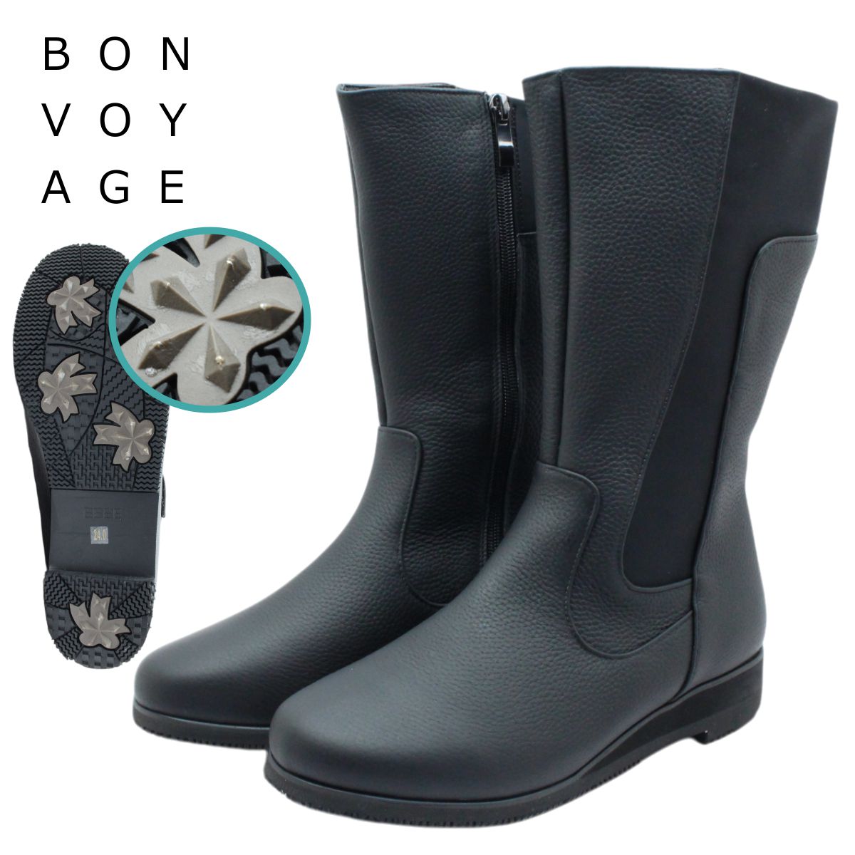 BONVOYAGE ボンヴォヤージュ レディース スパイク レザーブーツ HRSP-005 防滑 幅広4E 靴 ミドル丈 ファスナー スノーシューズ ボンボヤージュ 005