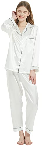 [KUMASEN] レディース パジャマ シルク サテン 上下セット ルームウェア 部屋着 長袖 前開き ホワイトM