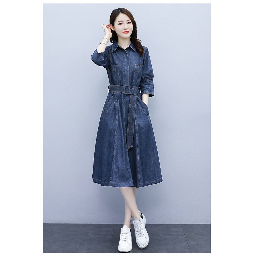 最新 デニムワンピース レデイース 春秋 きれいめ 膝丈ワンピース Aラインワンピース シャツワンピース
