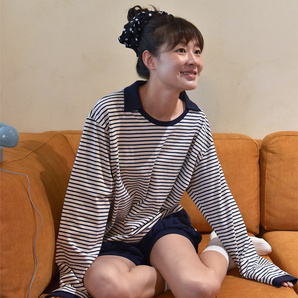 ストライプカラリンガーTシャツ（ネイビー）