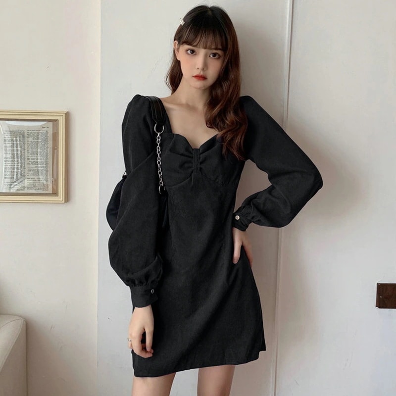 リボン結び風 ミニ丈 ワンピース ミニ 膝上 袖あり 長袖 パフスリーブ Vネック スクエアネック 襟なし Aライン リボン 綿 ウール かわいい 大人可愛い シンプル カジュアル 大人 おしゃれ