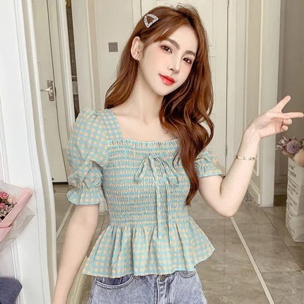カットソー レディース 半袖 パフスリーブ リボン フリル スクエアネックかわいい 大人可愛い きれいめ ガーリー チェック 夏 学生 イベント リゾート グリーン ブルー イエロー トップス