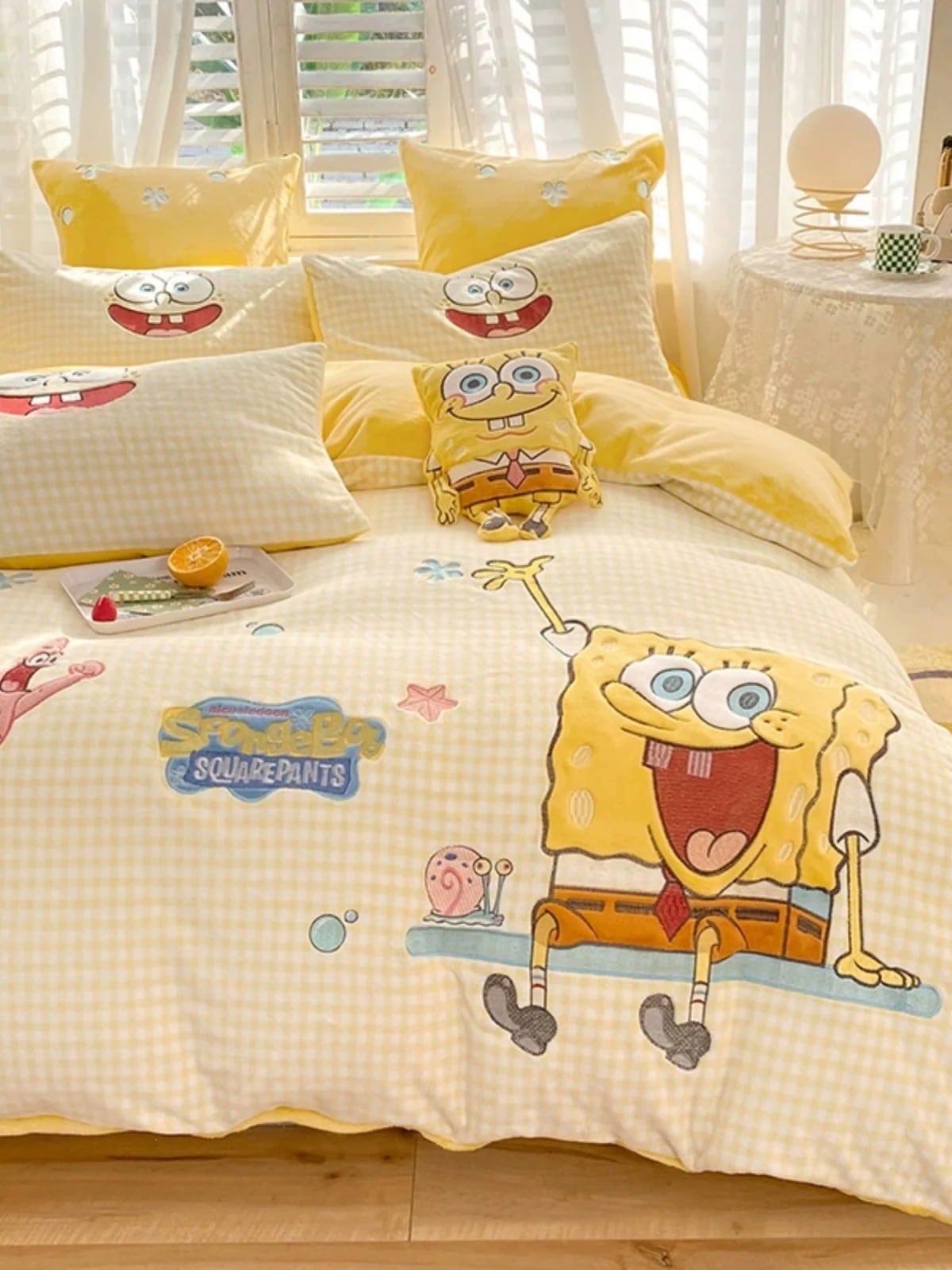 冬用ミルクベルベットベッド4点セットスポンジボブ両面コーラルベルベットシーツキルトカバーフランネル子供用寝具