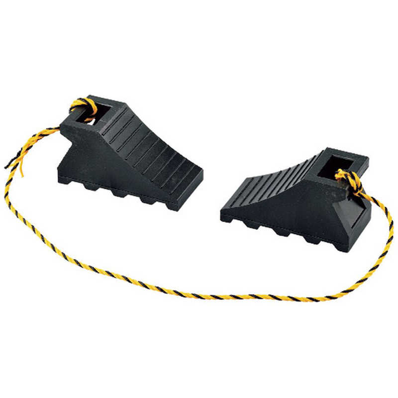 日本緑十字　緑十字タイヤストッパー(輪止め)大型車用(10t車迄)黒タイヤストッパー5BK2個組(トラ柄ロープ12m連結)樹脂製 　120006