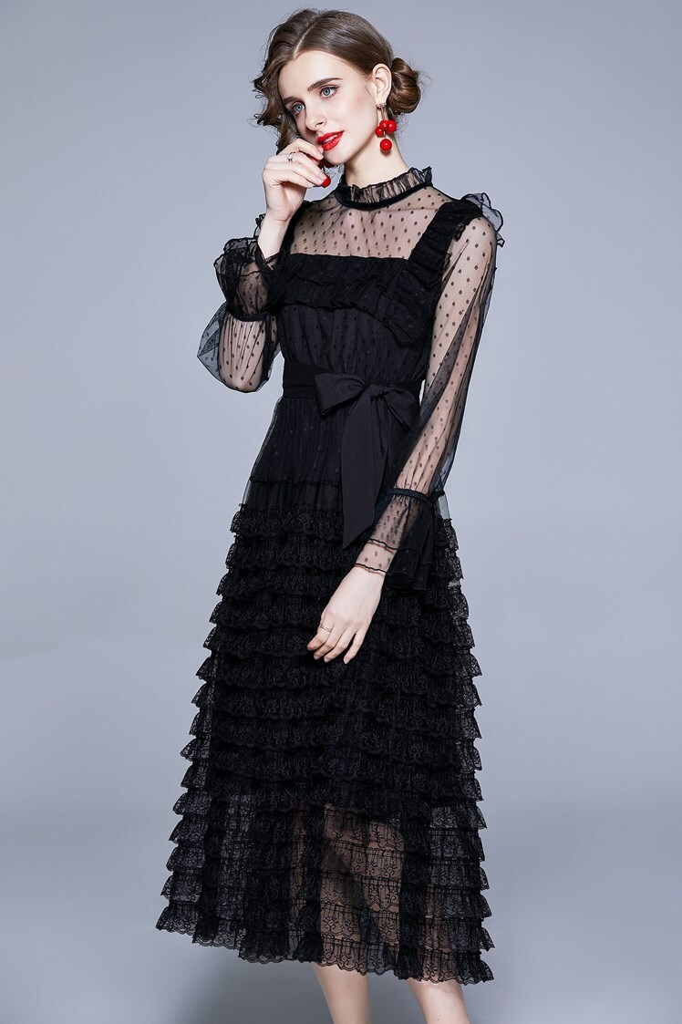 ワンピース ロングスカート 長袖 襟なし かわいい 大人可愛い きれいめ シンプル 大人 上品 おしゃれ お洒落 かっこいい レトロ 大人可愛い 大人女子 クール モード系 エレガント ドット柄