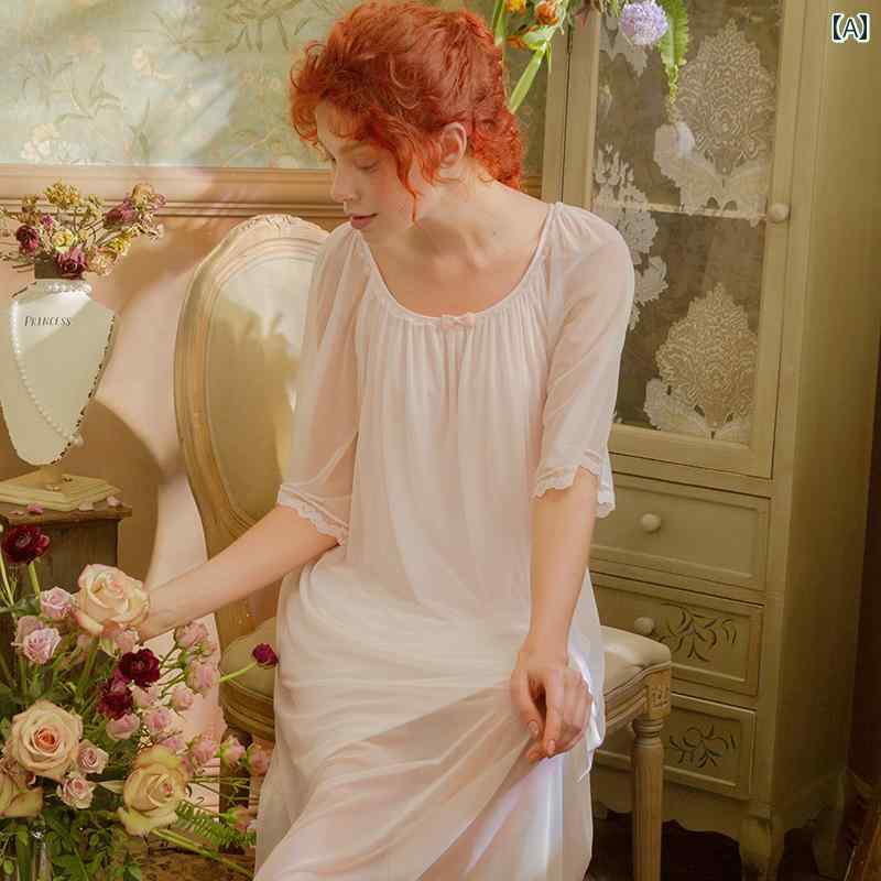 ネグリジェ パジャマ レディース 宮廷風 五分袖 シフォン ワンピース ドレス シンプル 透け感 上品 ルーム ナイト ホームウェア