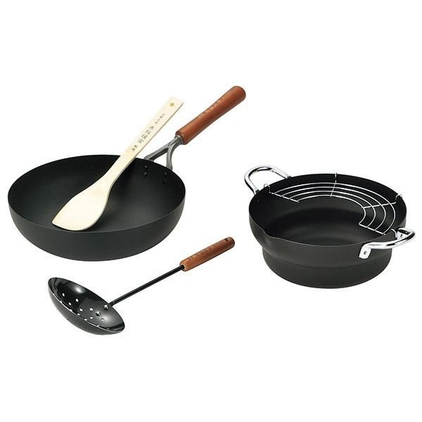 赤坂璃宮厳選 いため鍋28cm 竹べら スキンマー付 ＆天ぷら鍋24cm ART-700
