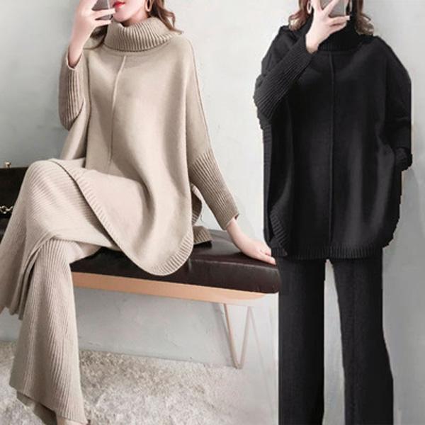 2-5日出荷 新品推奨 セットアップ 上下セット ニット プルオーバー タートルネック センターライン ウエストゴム入り ニットパンツ ボトムス トップス レディース ポイントを進呈する