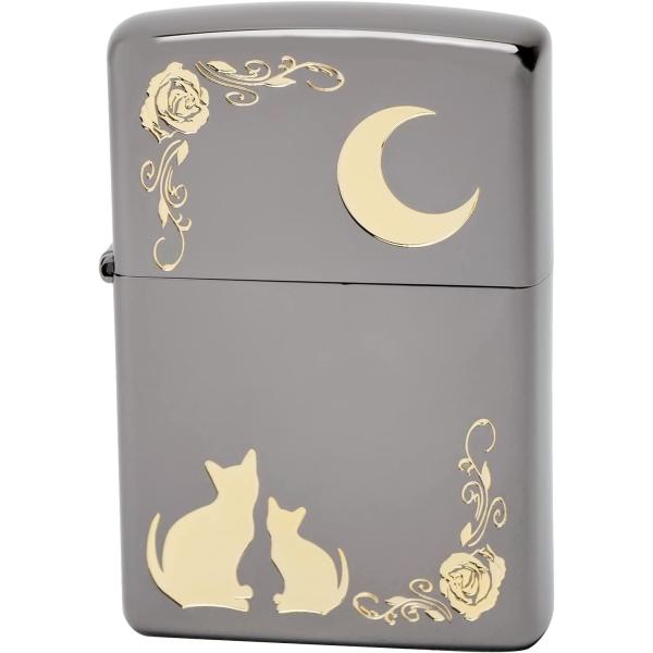 ライター 黒 猫 キャット&ムーン 片面加工 ブラックニッケルメッキ NKM-BK