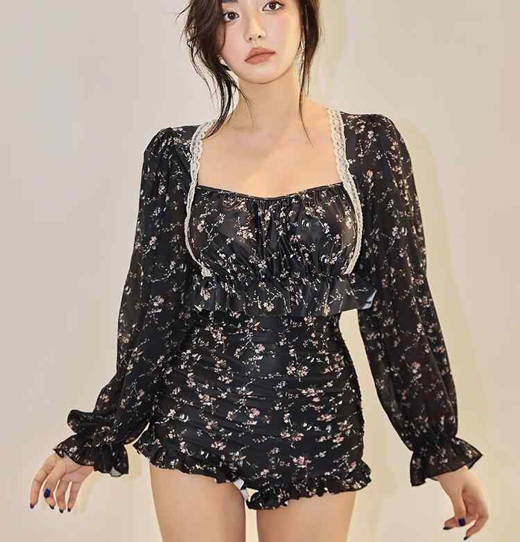 ワンピース 水着 レディース ファッション 夏 プール 海水浴 ビーチ レジャー バックレス カジュアル 長袖 三角 レトロ 花柄 フランス風