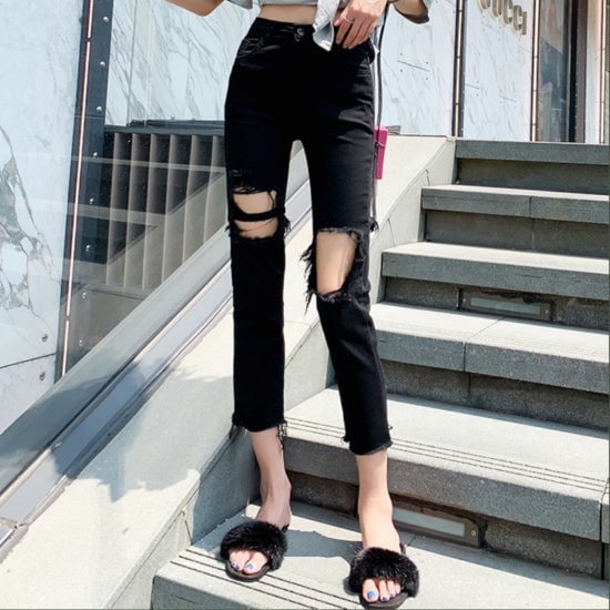 【取寄：納期2週間】スキニーデニム ダメージジーンズ 九分丈 春夏 ヴィンテージ 大きいサイズ ブラック