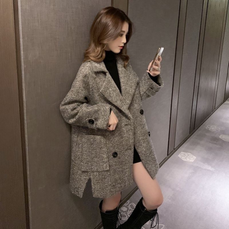 【アウター】新作 ゆったり ブリティッシュスタイル スーツ 中綿入り 厚手 コート レディース ミディアム丈 ダブルボタン コート