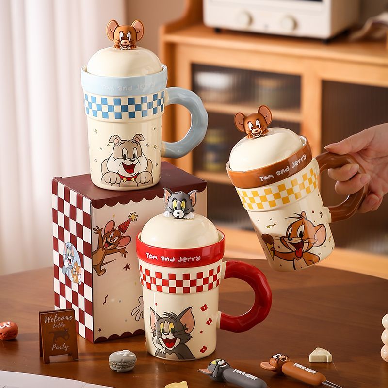 本物のトムとジェリー大容量セラミックマグカップルホームカップ蓋付きオフィスコーヒーカップ女性用