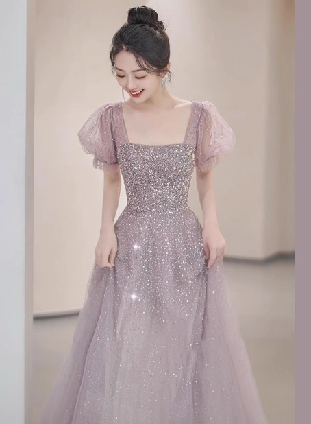 カラードレス オーキッド キラキラグリッターチュール スレンダーライン ピアノ演奏会/音楽会