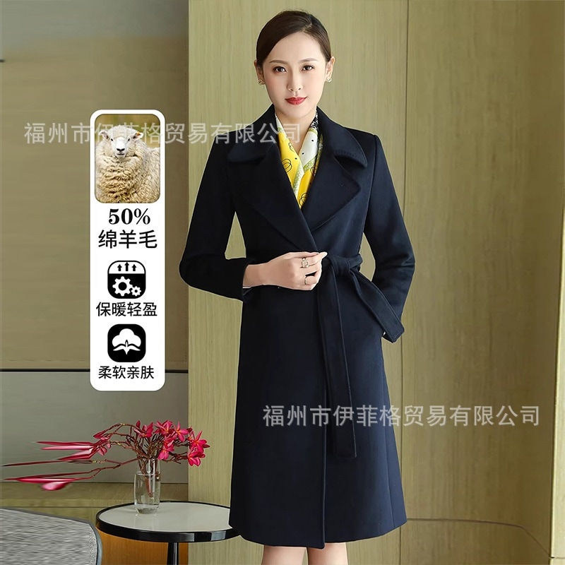 女性用プロフェッショナルウールウールコート新しいスタイルのでエレガントなスチュワーデスウールコートレースアップセールスマネージャー作業服