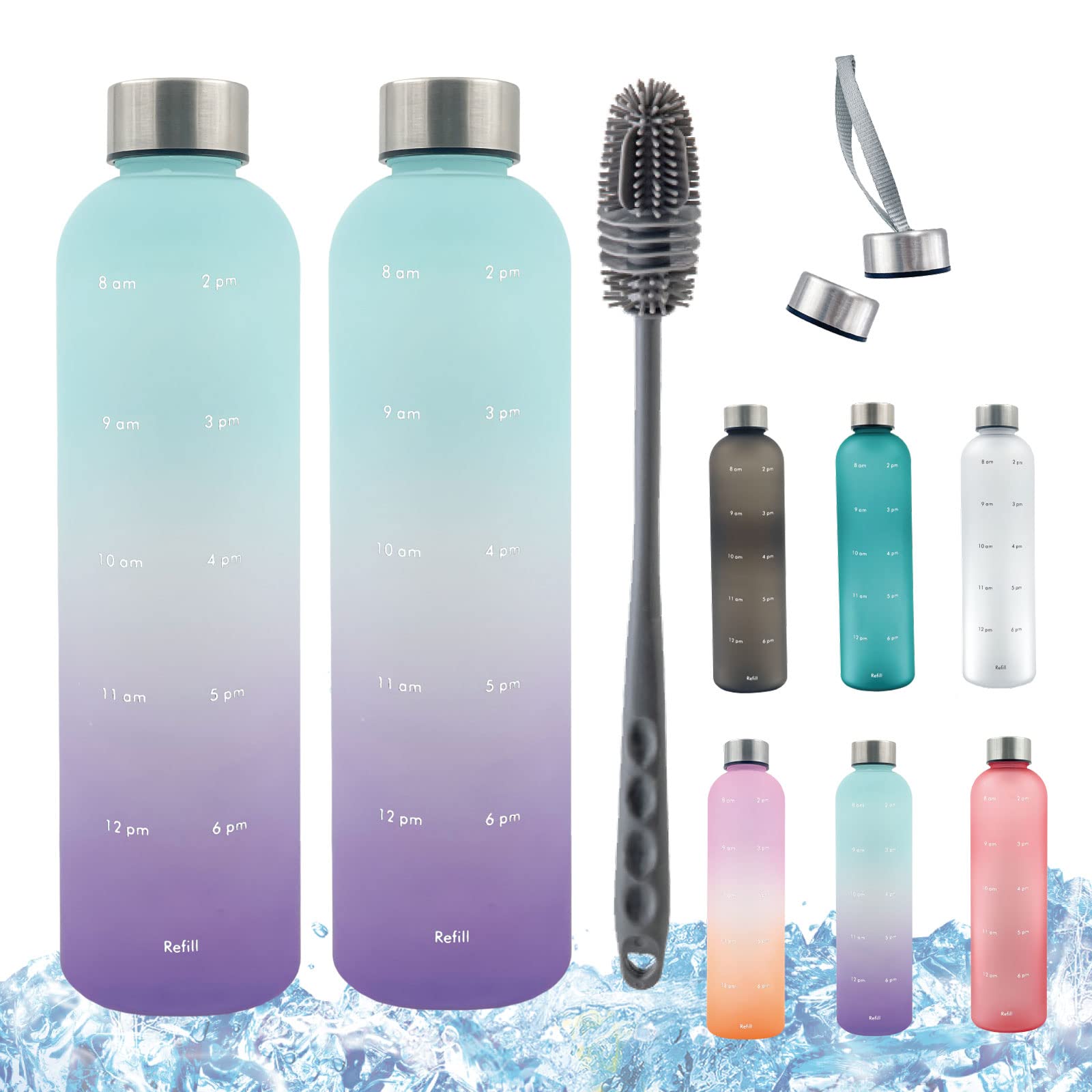 Conburrod 2個入り 1リットル 軽量 ウォーターボトル 水筒 1000ml タイムマーカー付きウォーターボトル 透明の水筒 ミント モチベーション測定 時間と量付き BPAフリーのつや消しプ