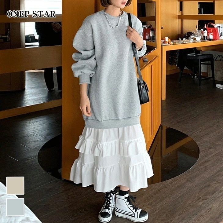 【在庫一掃】裾ティアード ゆったりワンピース スウェット ロング レディースファッション 楽ちん オーバーサイズ 体型カバー マタニティ カジュアル コットン 綿 あったか 暖か ふんわり 春 秋 冬 8,157円